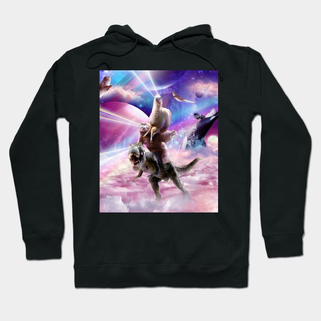 Laser Eyes Space Llama On Sloth Dinosaur - Rainbow Hoodie by Random Galaxy